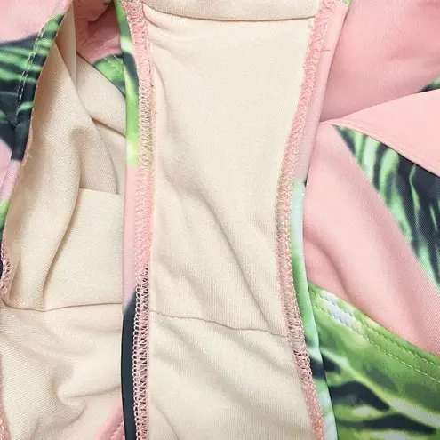 ALBION FIT Albion Waikiki One Piece Swimsuit Pink Green Leaf Print Lace Up Back Size Medium