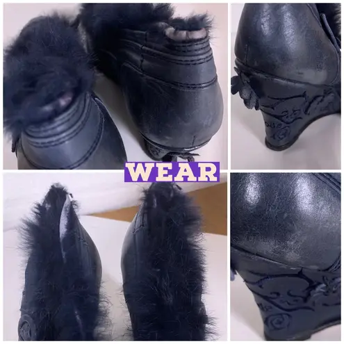 DKODE HANDCRAFTED BLUE LEATHER WITH RABBIT FUR TRIM WEDGE HEEL SHOES (40) Size 10