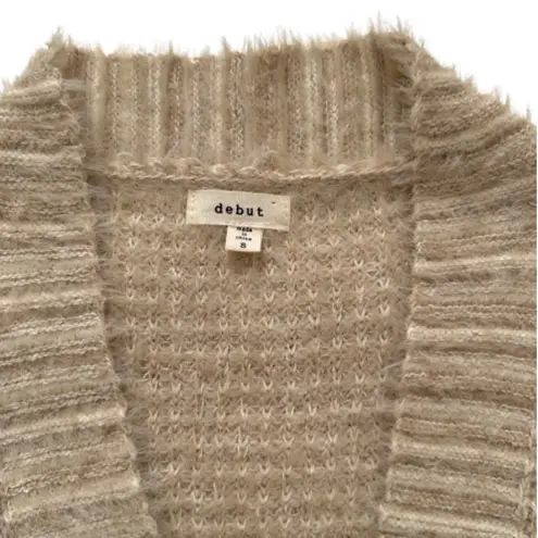 Debut  Cardigan Taupe Cream Stripe Open Front Eyelash Soft Cardigan Sweater Small