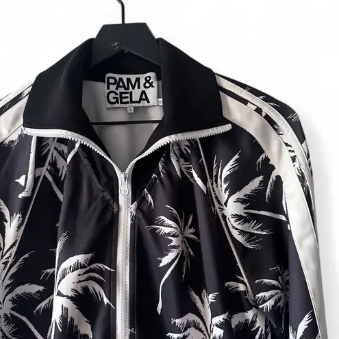 Pam & Gela Palm Tree Stand Collar Track Jacket Women's L Black & White
