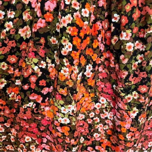 H&M floral midi dress fall black orange pink flowers puff sleeve smocked large