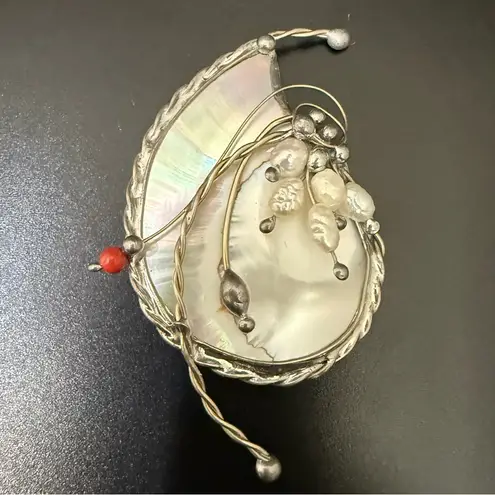 Vintage Unsigned Handcrafted Silver Mother of Pearl Wire Rice Pearl Coral Brooch