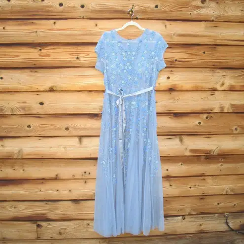 Mac Duggal 14521 Blue Floral Embellished Short Sleeve Mesh Gown Dress