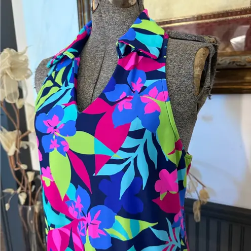 Aryeh Colorful Tropical Floral Collared Ruffle Hem Racerback Dress ~ Size S 💚🍄