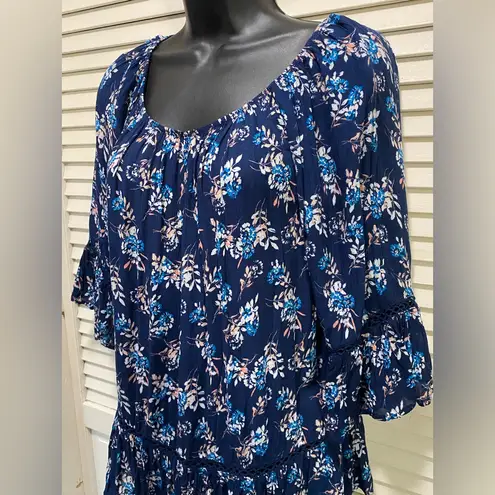 Fever Blouse Size Small Blue Floral Ruffle Crochet Elastic Hem 3/4 Sleeves Boho