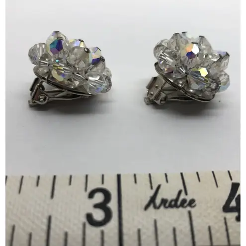 Vintage 1950s Laguna Earrings Aurora Borealis Crystal Bead Clip On Silver Tone