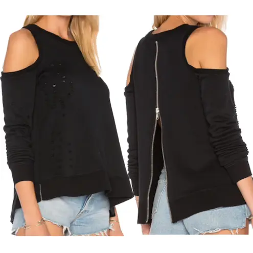 Central Park West New Distressed Cold Shoulder Zip Back Los Feliz Sweatshirt Black
