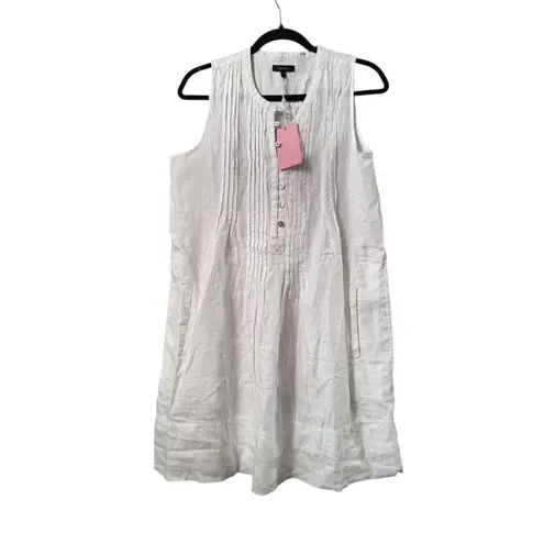 Quince European Linen Pleated Button Front Sleeveless Midi Dress White M New