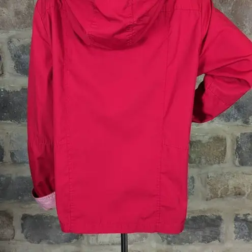 Mackintosh red hooded lined button up rain coat woman's size large Red