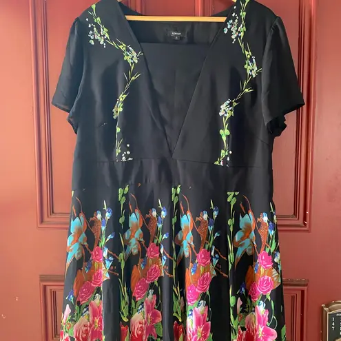 Floryday Silky Square Neckline Short Sleeve Floral Black Midi Dress Size XL Blue