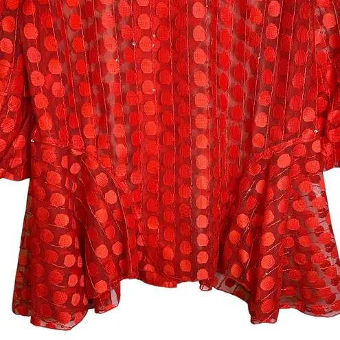 DAMEE Red Polka Dot Sheer Mesh Peplum Button Front Jacket Gray Size XL Korea