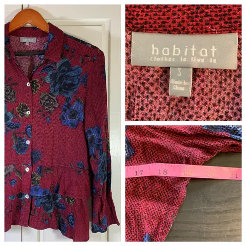 Habitat Floral Print Button Down Peplum Top Red Blue Women's Size Small Church