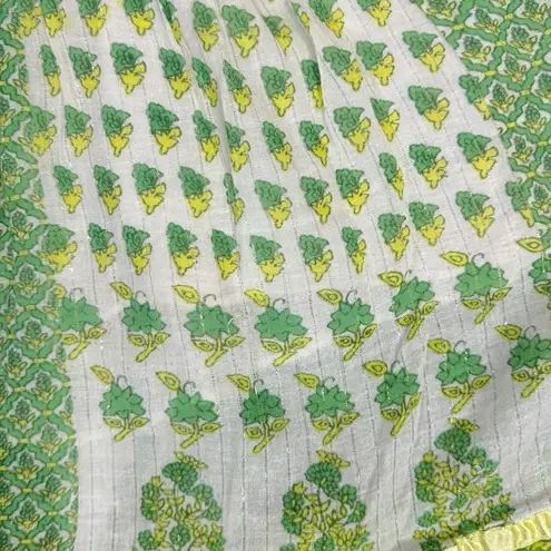 Vintage 90s Indian Cotton Bohemian Tiered Patchwork Skirt Medium Floral Metallic Green