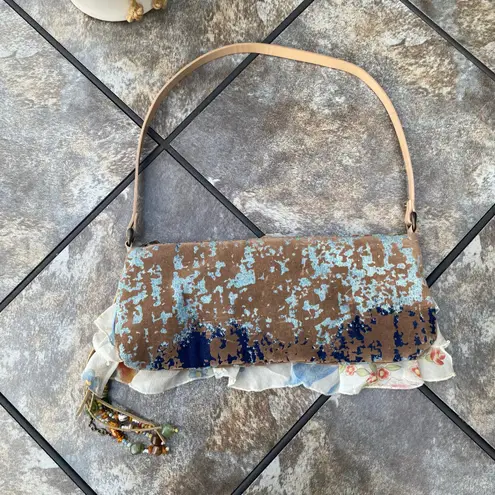 MARY FRANCES Floral Appliqué Beaded & Embellished Shoulder Handbag Purse Blue