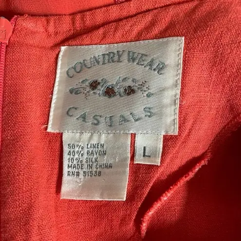 COUNTRY WEAR CASUALS Maxi Dress Womens Large Orange Linen Rayon Silk Embroidered