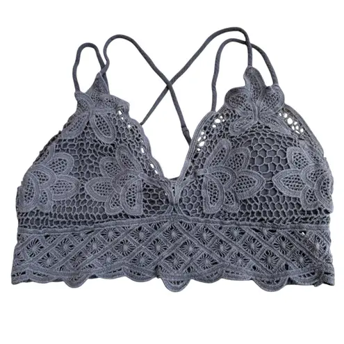 Lace Crochet Longline Bralette Crop Dark Gray Boho Floral Neutral Summer Size S