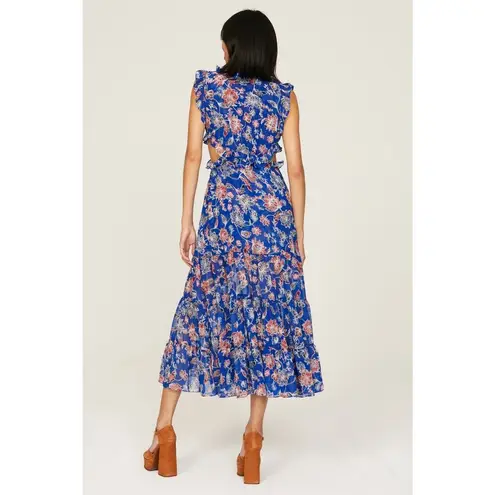 Misa Las Angeles Blue Floral Natasha Cutout Ruffled Midi Dress Size Medium