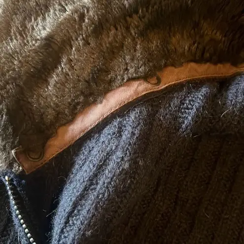 Roberto Collina Large Navy Rib Knit Zip Up Sweater Removable Fur Collar Grandma Blue