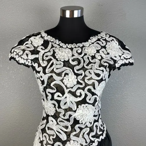 Vintage Victor Costa Tulip Column Midi Dress Size 6 Black White Ribbon Floral