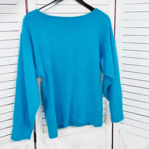 Vintage 80s Stephan Andrews V Back Angora Fuzzy Knit Sweater Turquoise Medium Blue