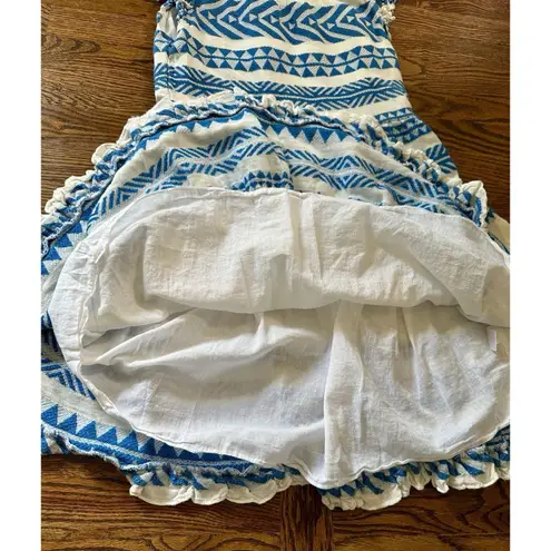 Sail To Sable Geo Stripe Ruffle Neck Dress 100% Cotton Blue White Size XS EUC