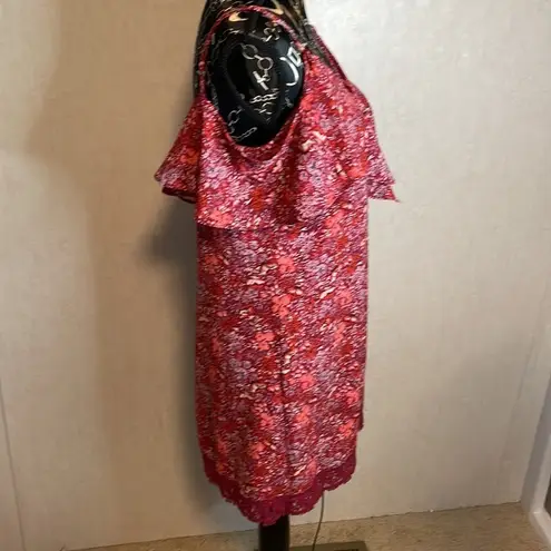 B Darlin  Floral Cold Shoulder Dress Ruffle Trim Casual Summer Pink Red‎ Size