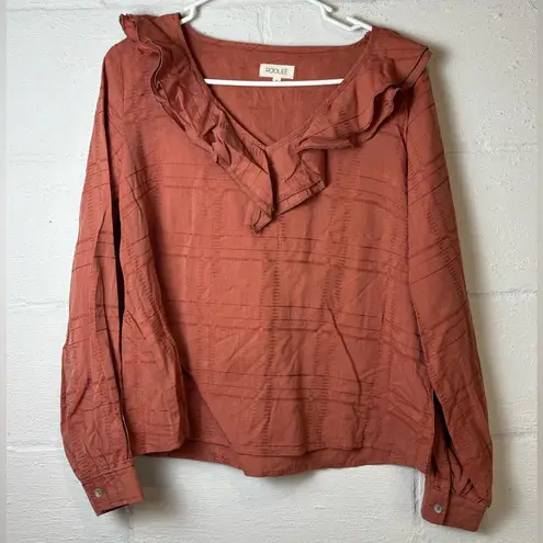 Roolee Woman’s Bohemian Ruffled Long Sleeve Breezy Ruffled Neckline Blouse Small