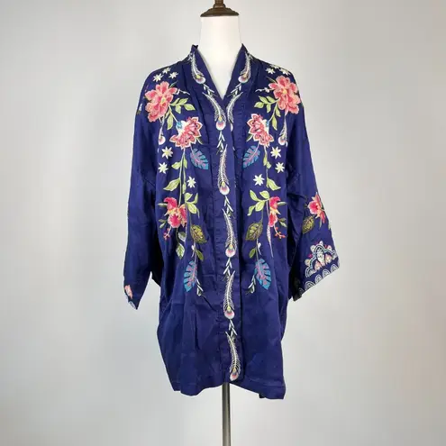 Johnny Was NWOT Emika Kimono Embroidered Open Front Jacket Navy 3/4 Sleeves XL