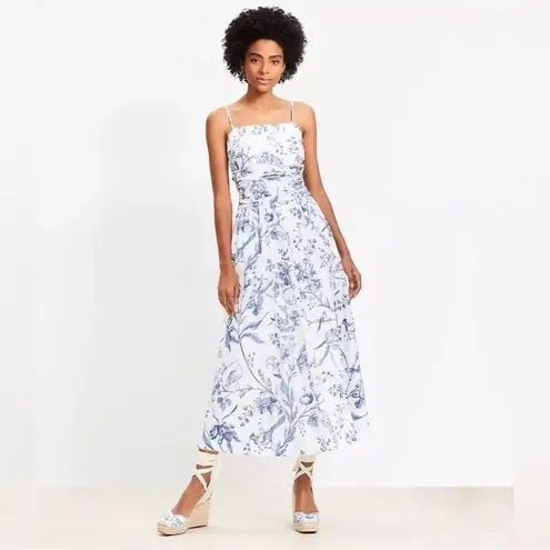 Loft  Bird Toile Strappy Midi Pocket Dress NEW Size 8P Blue White Floral Cotton