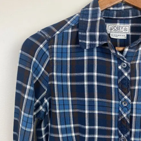 Obey  Flannel Shirt Small Women Button Up Top Blue Brown‎ Plaid Long Sleeve