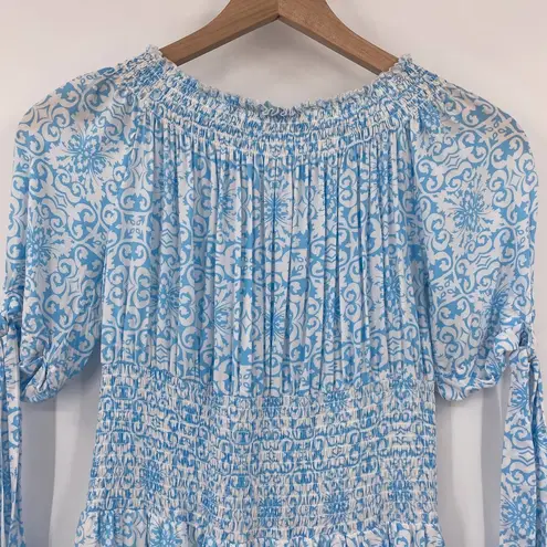 Melissa Odabash Camilla Tiered Shirred Printed Voile Mini Dress Light Blue XS