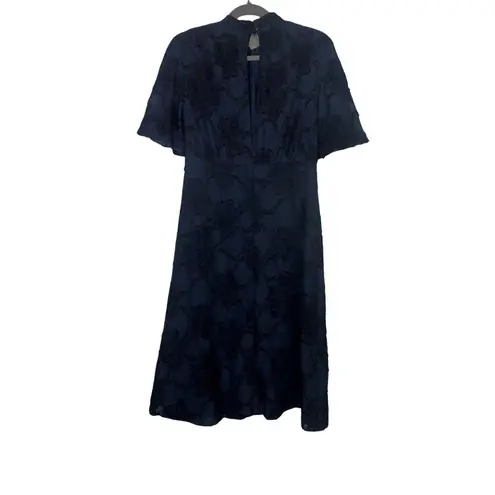 ZARA  Jacquard Fringe Lined Midi Dress ShortSleeve Keyhole S Dark Navy Blue #3101