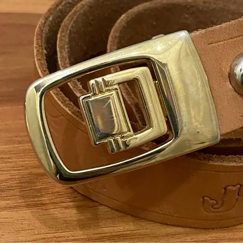 JP Long Horn Studded Brown Leather Gold Buckle Belt Waist 28”