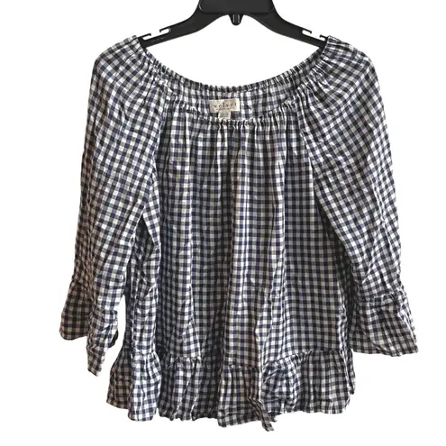 Velvet by Graham Spencer Navy White Gingham Off Shoulder Bell Sleeve Ruffle Top Blue