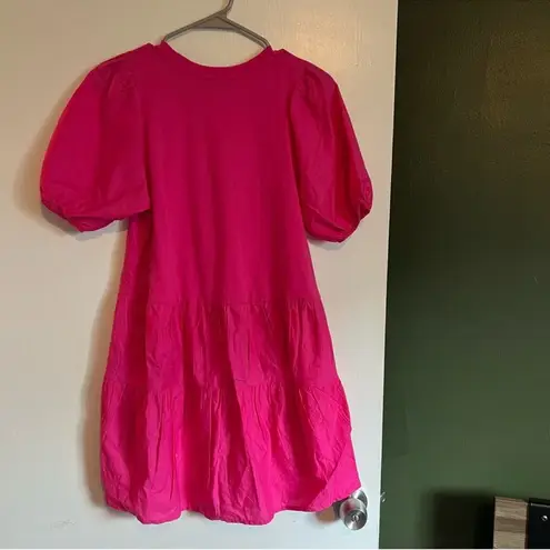 ZARA hot pink puff sleeve tiered cotton mini dress size xs