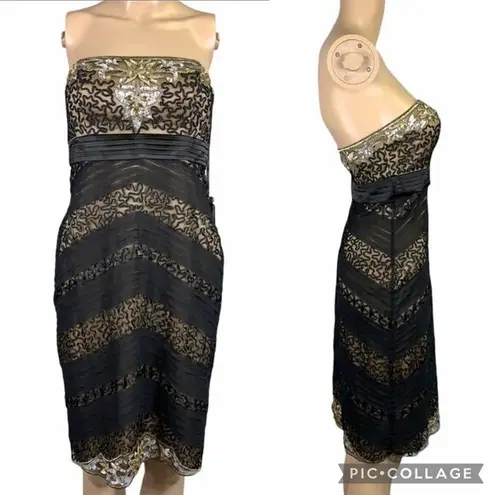 Sue Wong Womens Cocktail Dress Sheath Strapless Chevron Beaded Sequin Size 6