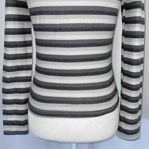 Cali Be New Striped Ribbed Mock Neck Long Sleeve Top Grey Multi