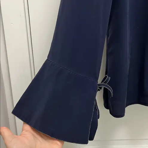 Ecru Navy Silk Blouse Top w/ Bow Tie Details & Bell Sleeves - Size Large