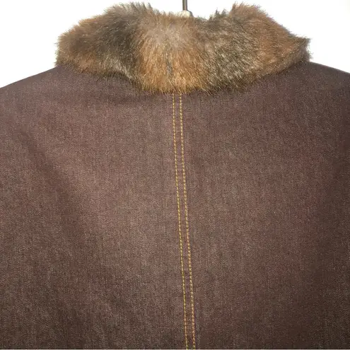 Denim & Co  Vintage Brown Denim Coat Faux Fur Lined Cuffs Collar Button Front SMALL