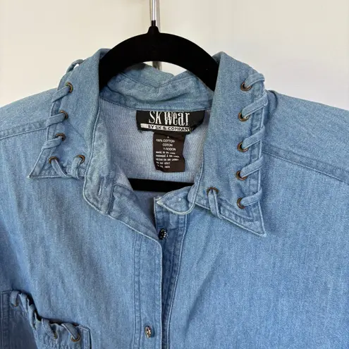 Vintage 90s Denim Western Shirt Rodeo Coastal Cowgirl Button Down Jean Large Blue