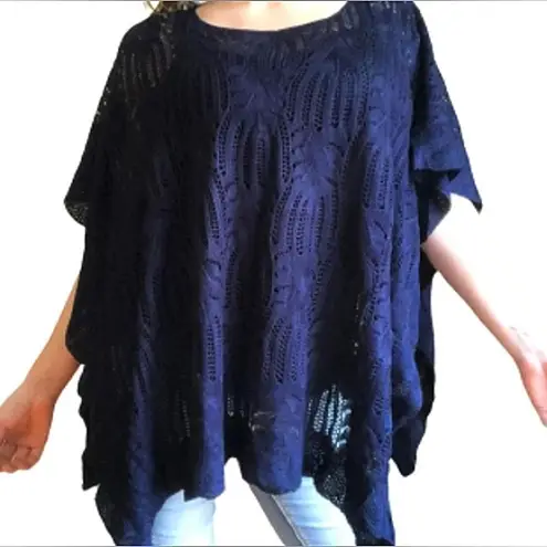 New York And Company  Poncho Top Navy Crochet Knit Lagenlook Boho Beach Cover Up