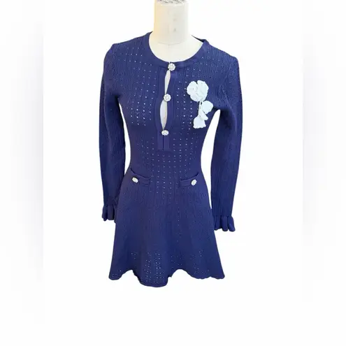Self Portrait Self-Portrait NAVY POINTELLE KNIT CROCHET FLOWER MINI DRESS small