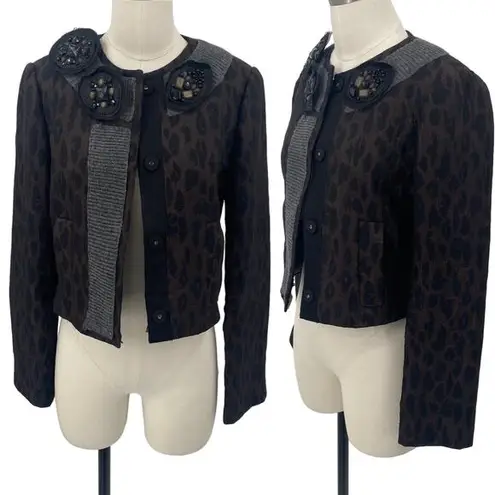 BCBGMAXAZRIA  Blazer Convertible Jeweled Pins Wool Knit Trim Leopard Womens XS