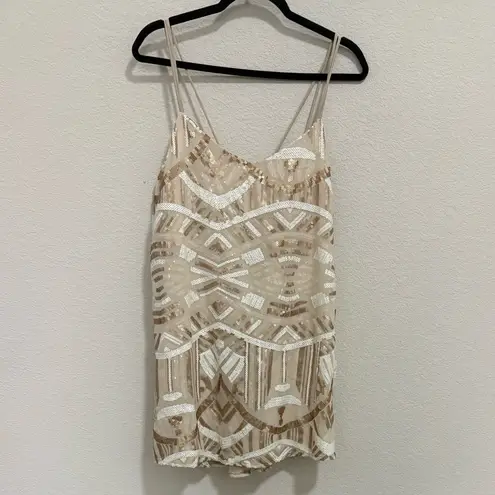 Show Me Your Mumu  Criss Cross Applesauce Beige Gold Sequins Mini Dress Large