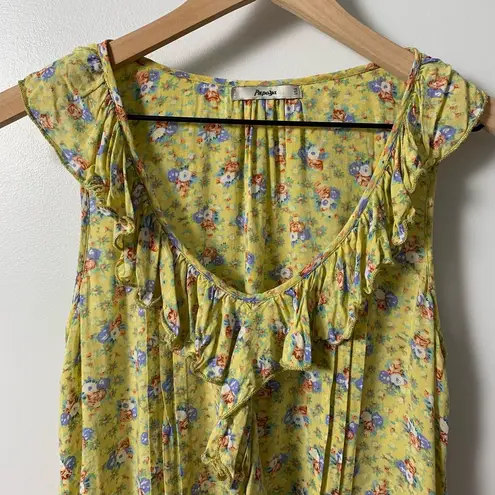 Papaya Sleeveless Yellow Floral Ruffle Neck Pleated Accent Top