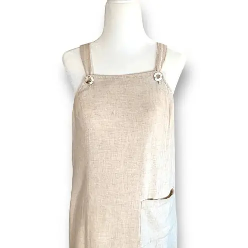 Vintage 90s Petites Linen Blend Beige Midi Dress Pinafore Overall Lightweight Tan Size undefined