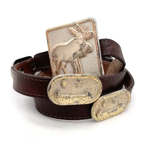 Vintage Navasota Western Leather Belt Moose Buckle Star Canoe Conchos Size M USA Brown