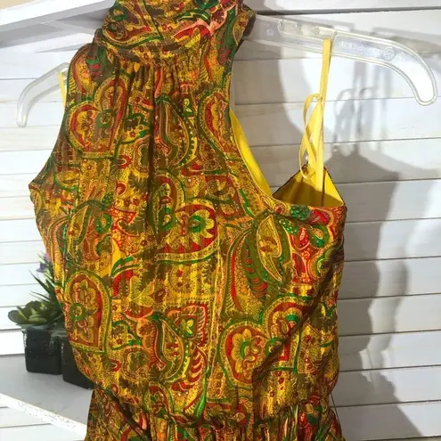 Vintage 80s Lillie Rubin Silk Paisley Halter Maxi Dress XS Yellow