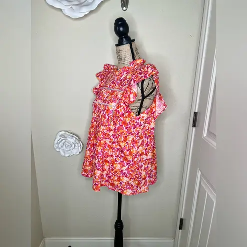 Entro NTM: Sunset Dream Mock Neck Ruffle Sleeve Babydoll Orange & Pink Top Sz M