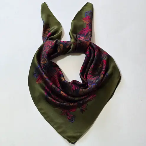 Vintage Ginnie Johansen 80s Olive Floral Silk Square Scarf Academia Old Money Green